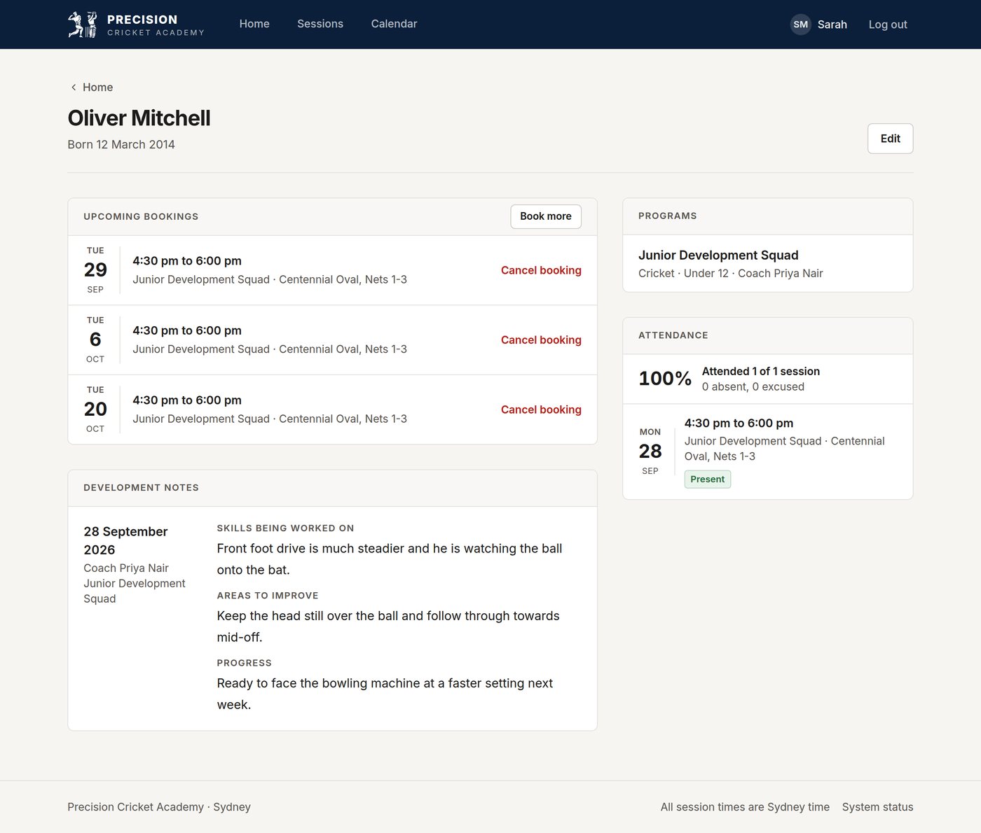 Parent view of a child's upcoming bookings, attendance and development notes